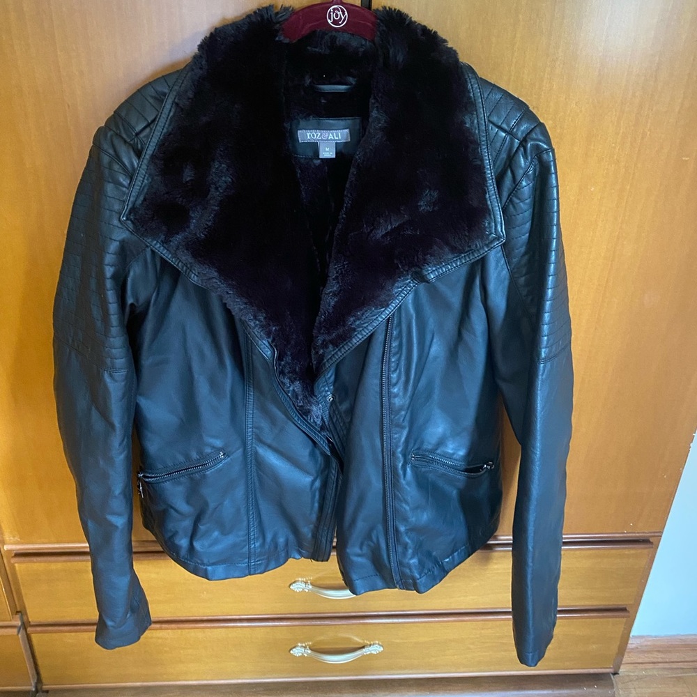 Leather jacket with faux fur trim